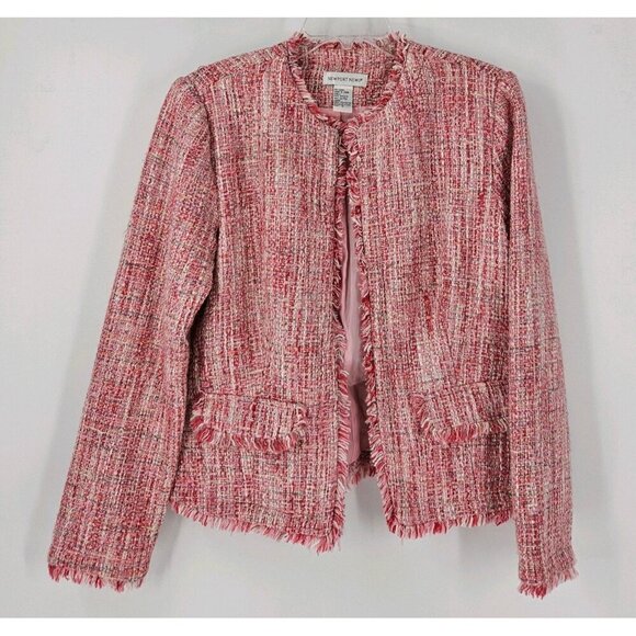 Newport News Sz 10 Vtg Pink Tweed Fring Crop Lined Blazer Jacket Padded Shoulder - Picture 1 of 5